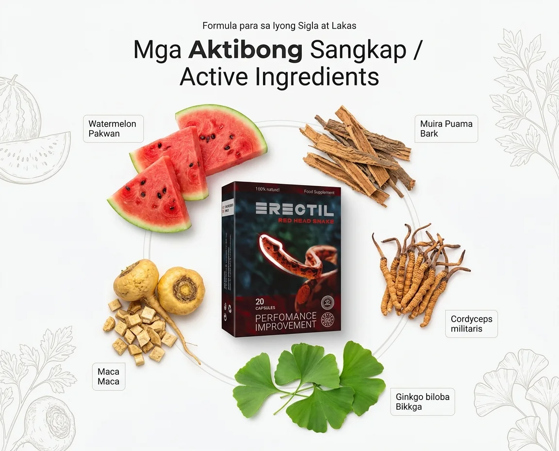 Mga aktibong sangkap ng Erectil: Watermelon, Cordyceps, Maca, Muira Puama, Ginkgo